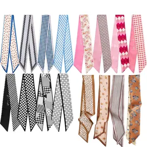 16pcs Lightweight Satin Women Fashion Scarf Set- Trendy Boho Narrow Neck Wrap Hair Ribbon Handbag Decoration Gift for Her-005