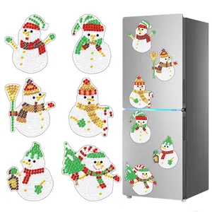 6-piece set, 5D diamond art magnetic ornaments, DIY snowman diamond painting refrigerator magnets, includes a tool kit, magnetic backing, and handmade art decorative stickers, suitable for adult craft enthusiasts.
