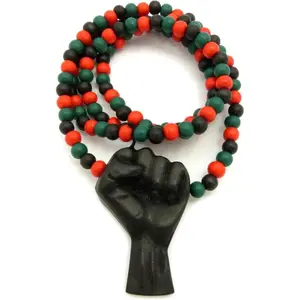 Wooden Bead Necklace Hip Hop Black Rising Fist Pendant 8mm 24, 27, 30, 36 Inches Multicolored Wooden Bead Casual Jewelry for Everyday Wear