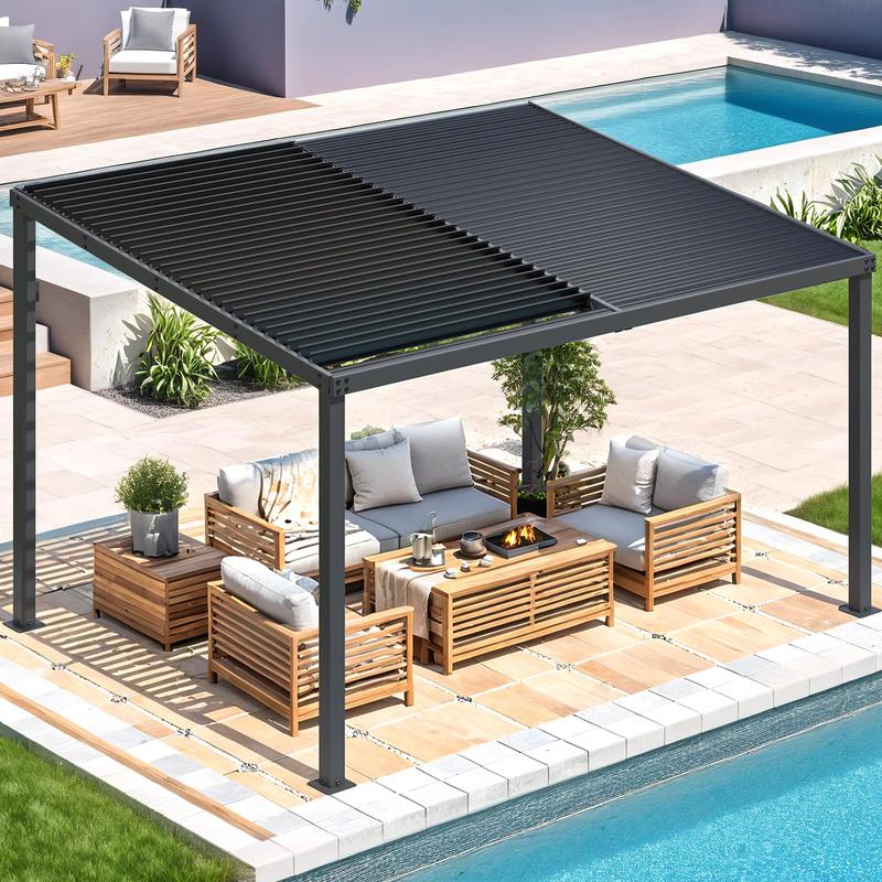 【3 package shipping】AECOJOY 13' x 10' Louvered Gazebo Pergola, 10x13 Outdoor Hardtop Wall-Mounted Lean to Gazebo with Adjustable Metal Rainproof Patio Roof, Pergolas and Gazebos Clearance, Heavy Duty Awnings for Patio