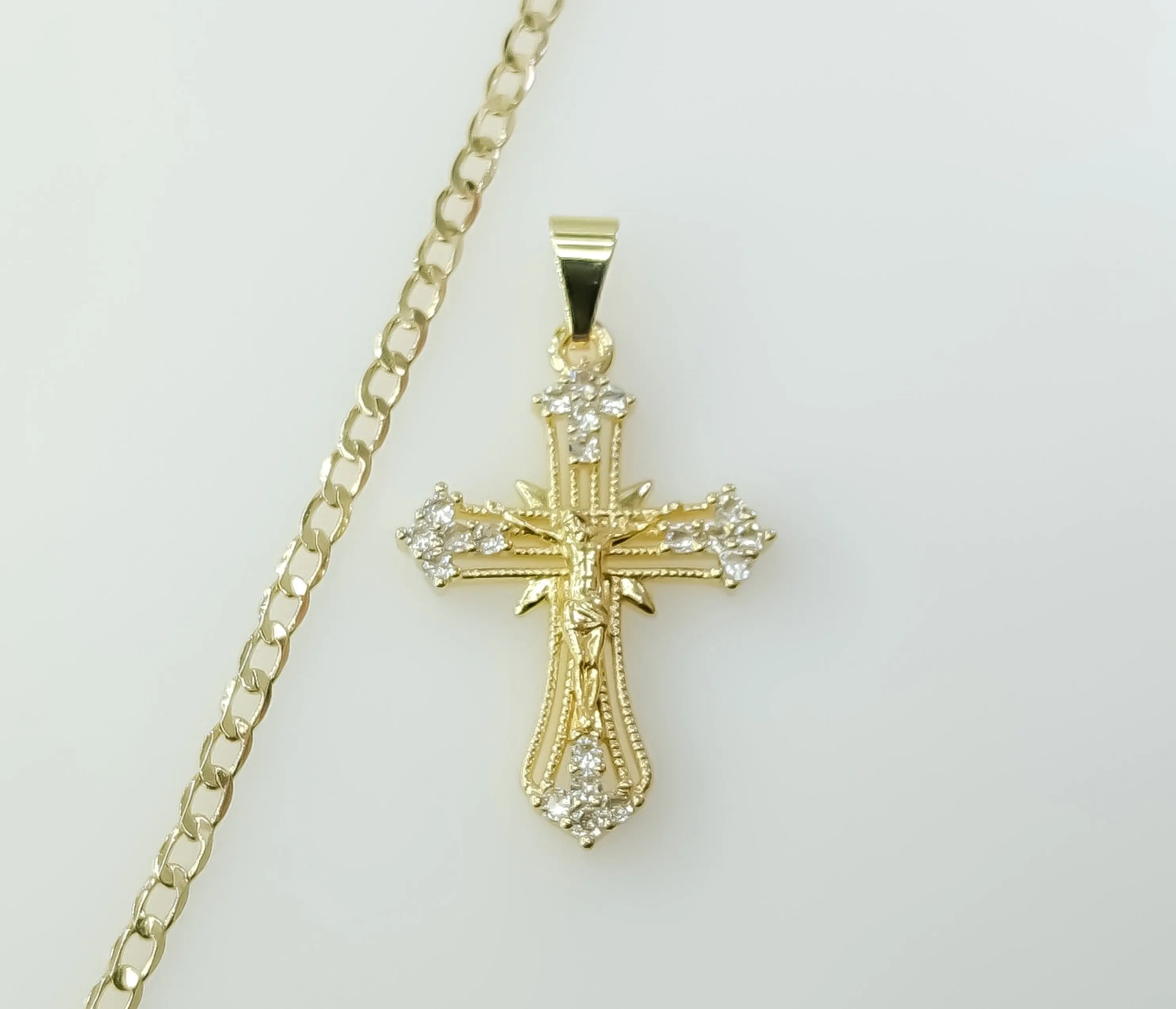 Catholic Necklace Small Cross Jesus Christ Crucifix 14K Golden Plated 3mm Cuban