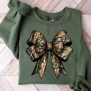Vintage Camo Coquette Bow Sweatshirt, Dove Season Girls Camo Bow Tee, Hunting Camo Coquette Bow Sweatshirt, Full Sizes, Full Colors, Cotton Round Neck Tee