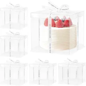 6 Pcs Clear Cake Box with Ribbon, 8.5x8.5x9 Inch Clear Cake Boxes for 6 Inch 2 Tier Cakes Carrier Tall Transparent Cakes Packaging Box Transparent Gift Boxes for Valentine's Day Wedding Birthday Party