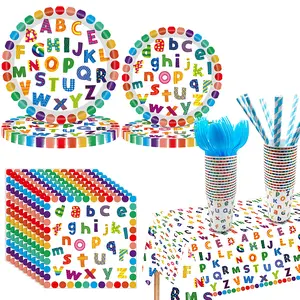 133pcs colorful letter and number themed party decoration items, tissues, paper plates, 9-piece tableware set, suitable for graduation parties, Christmas, campus dances, birthday openings and other events Disposable