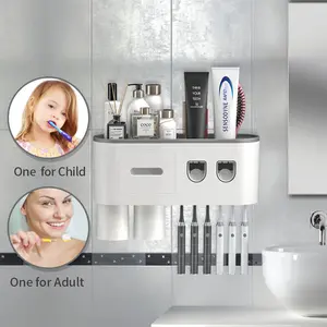 Wall-Mounted Toothbrush Holder with Automatic Dispenser - 6 Slots, Magnetic Cups, Cosmetic Drawer & Storage Tray - Sleek Black Bathroom Organizer