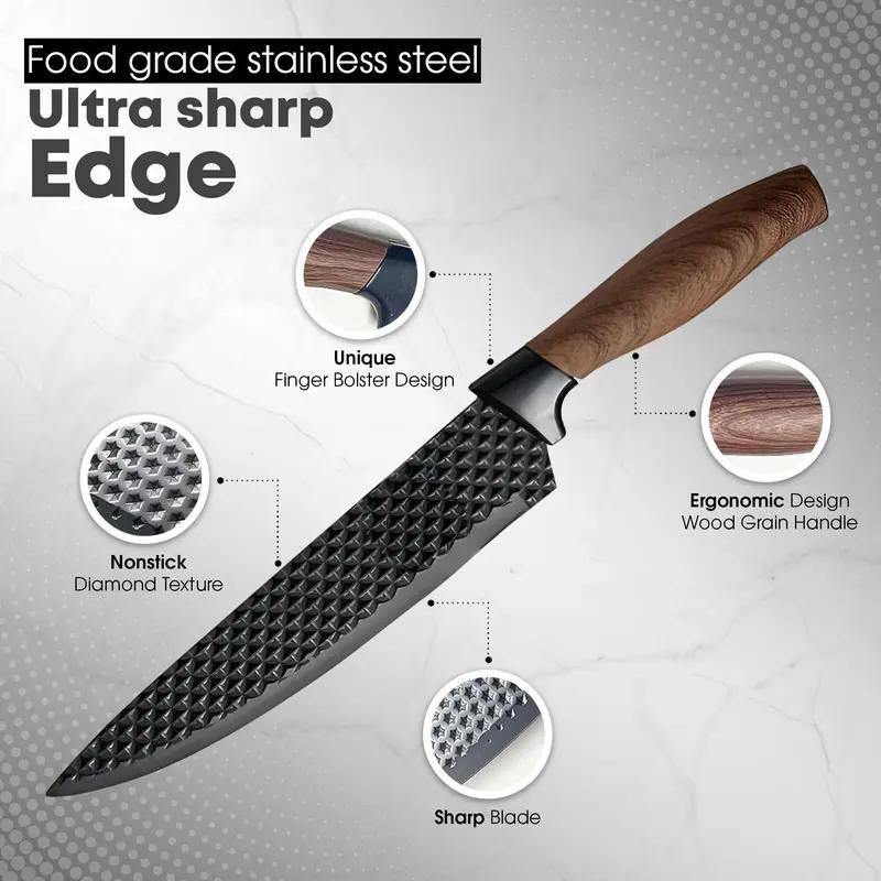6-Piece Black Diamond Texture Kitchen Knife Set with Wooden Handle | Ultra Sharp Stainless Steel Chef Knives, Cleaver, Scissors & Peeler, Non-Stick Coating, Ideal for Home Cooking & Gifts