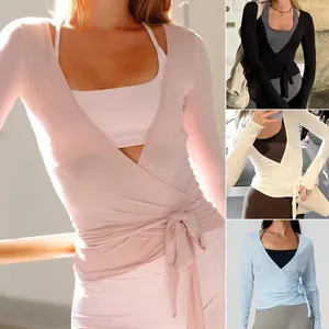 Women’s Cross Wrap Tie Tops, Long Sleeve Deep V Neck Solid Color Fit T-Shirts, Workout Blouses Solid Color Shirts, Ladies Top for Indoor Outdoor Wear, Ladies Top for Daily Wear Outdoorfun Casual