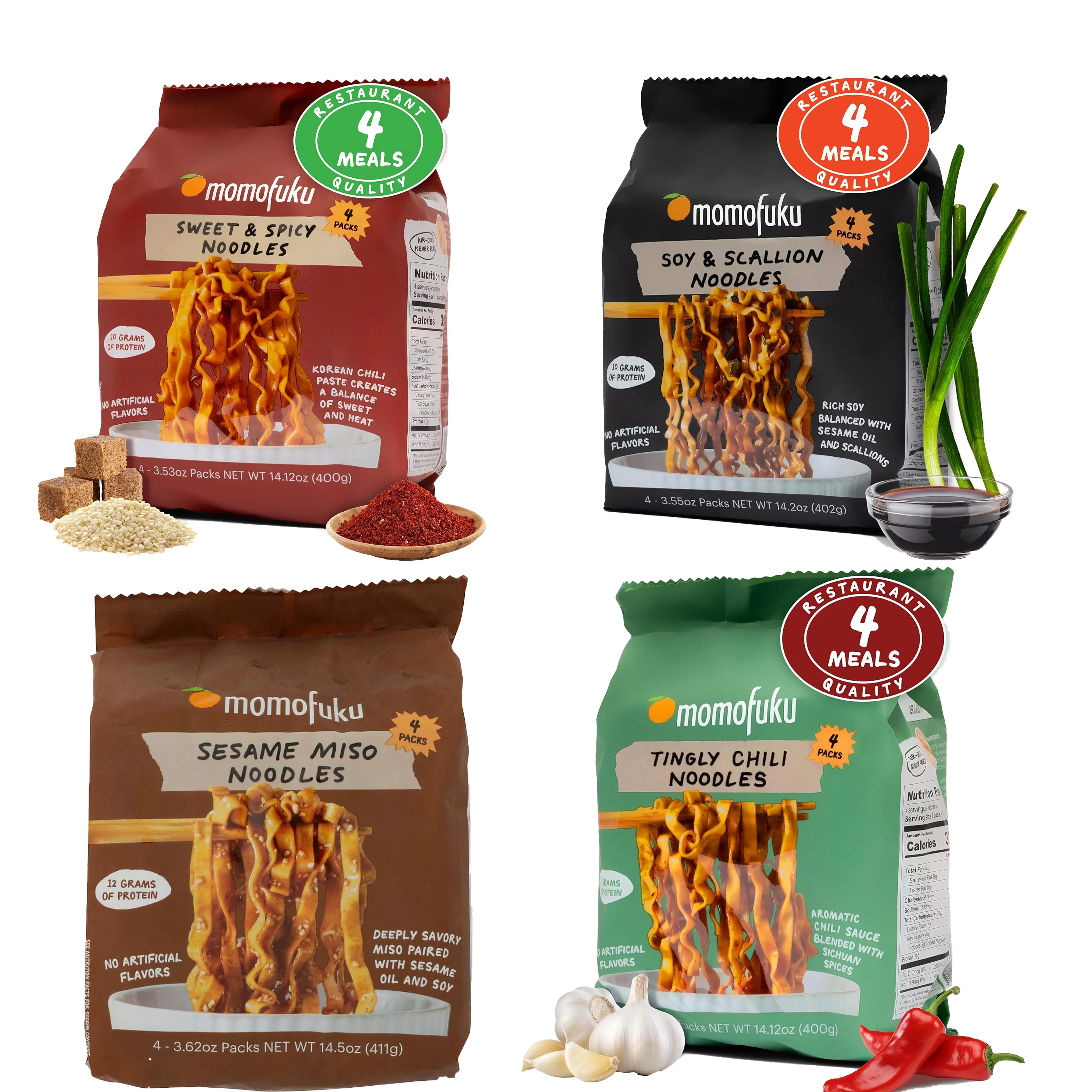 Momofuku Soy and Scallion Ramen Noodles by David Chang, 4 Pack of Restaurant Quality Air-Dried Instant Noodles Now with More Sauce & 10g of Protein