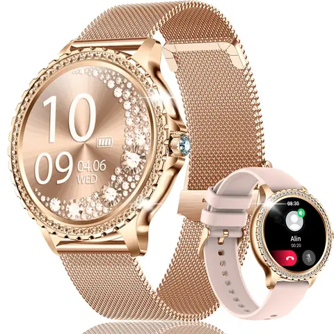 JELLOO Women's Chargeable Smart Watch for Women, Wireless Call (Make & Answer), Music Player, 1.32in HD Screen, 230mAh Battery, Pink Silicone + Golden Steel Strap, Charging Cable, Sports Device for Android Phones (Perfect Gift)