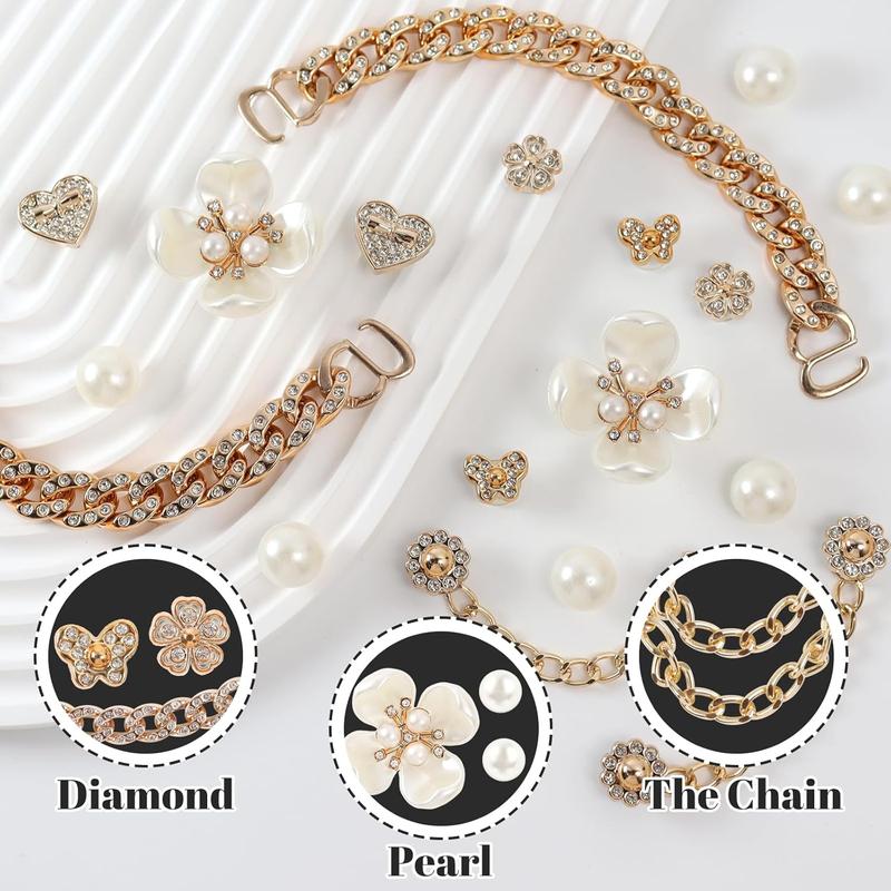 18 Pcs Bling Shoe Charms Bling Chain Shoes Charms Accessories for Women Pearl Flower Clog Shoes Decoration Crystal Rhinestone Shoe Charm Cute Decor for Party Birthday for Her