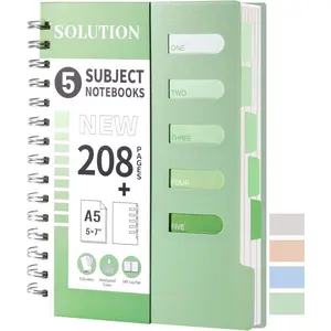 FLYING EAGLE Small 5 Subject Notebook College Ruled Spiral Notebook 5x7 with Dividers Tabs Waterproof Plastic Cover Thick Paper Notebooks for Work School, Green