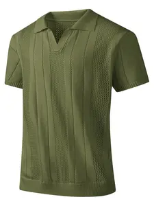 Men's Olive Green Short-Sleeve V-Neck Knitted Polo Shirt - Openwork, Breathable, Lightweight Top for Vacation, Daily Casual Summer Menswear
