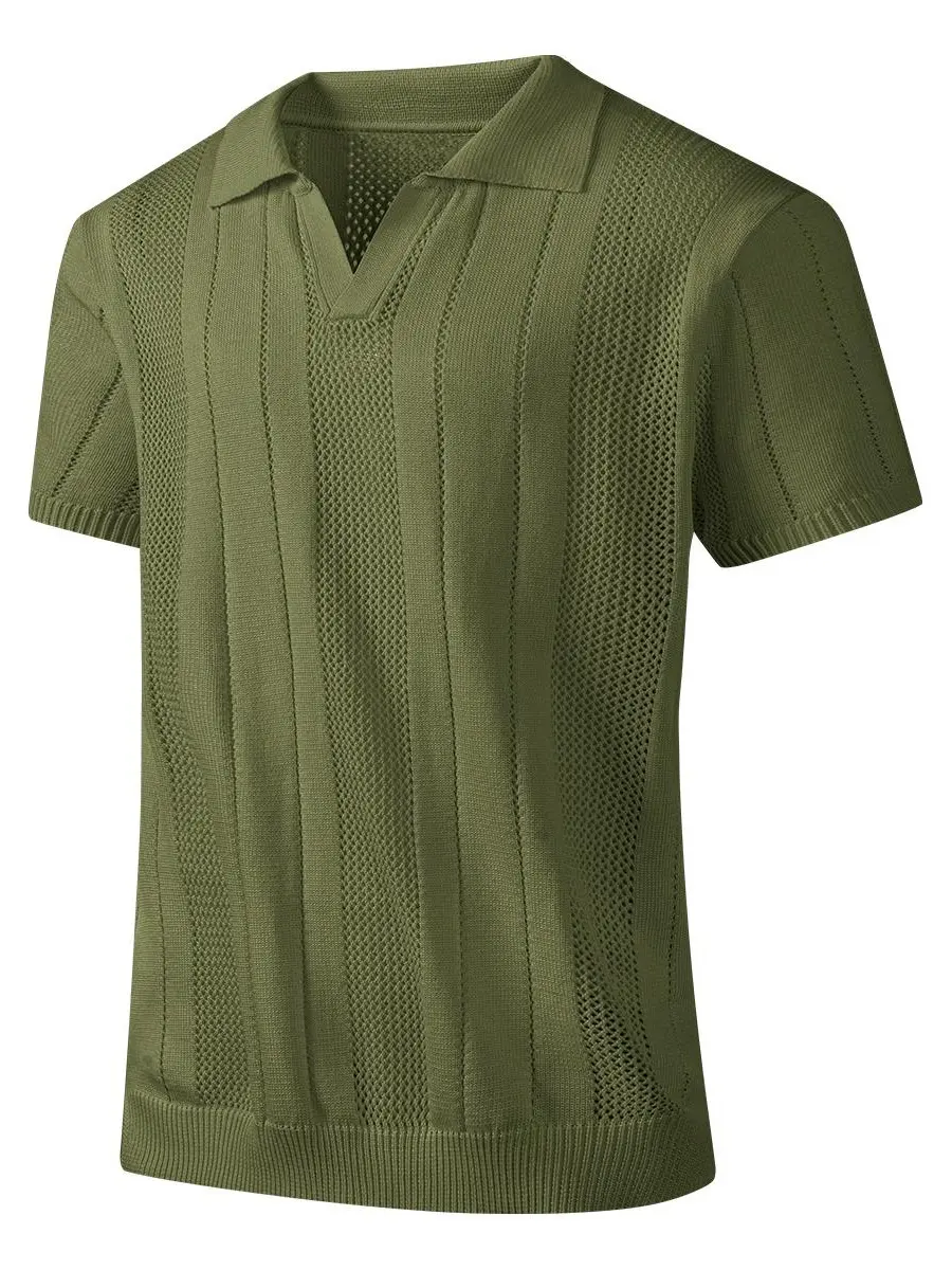 Men's Basic Athletic Short-Sleeve Knitted Polo Shirt - Olive Green, Breathable V-Neck Cut, Openwork Texture, Lightweight Men's Clothes for Summer Vacation