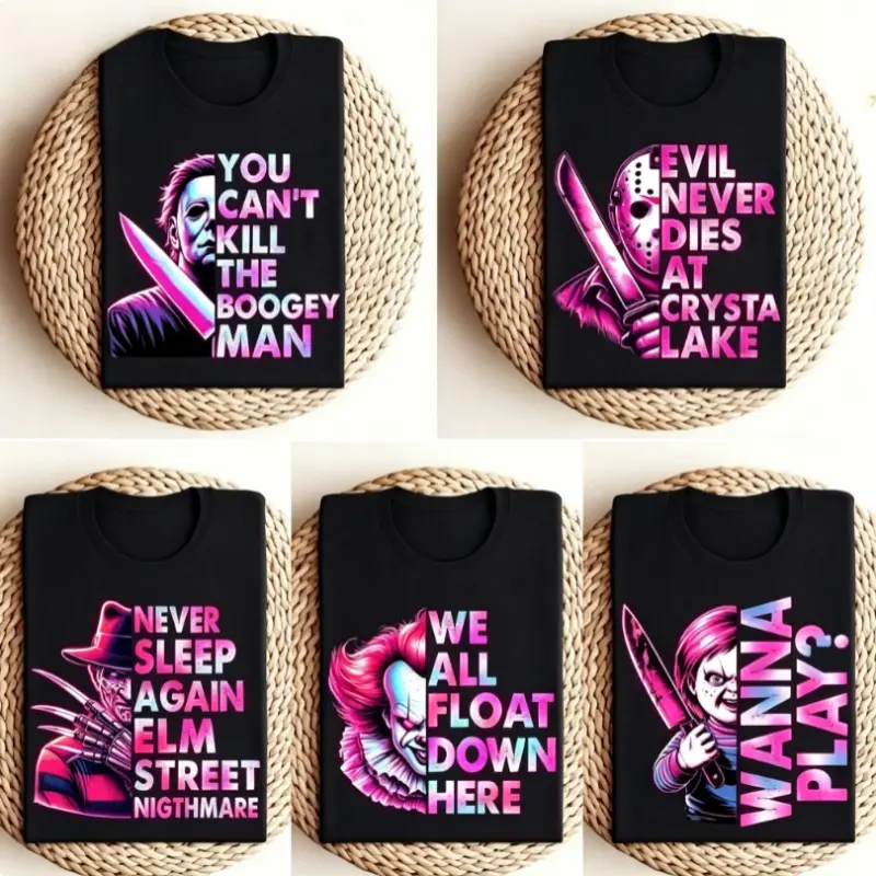 Retro Neon Horror Halloween Movie T-Shirt, Slasher Squad T-Shirt, Slashers Horror Halloween Tee, Horror Movie Fan, Slashers Halloween Shirt Casual Crewneck Cotton Fabric Fit Womenswear Soft and breathable shirt trendy streetwear Printed Top