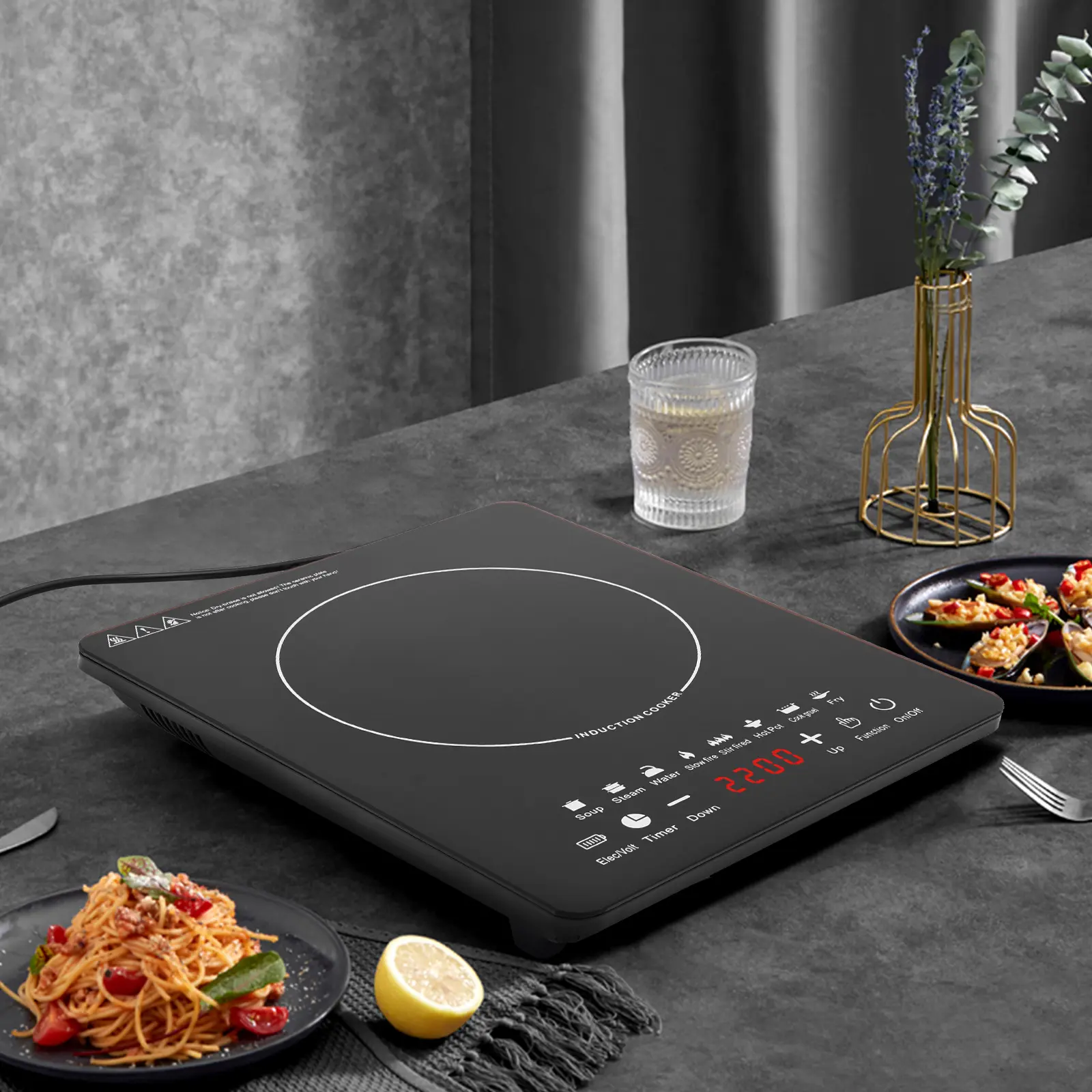 750W Electric Induction Cooktop Single Burner 8 Power Levels Digital Touch Panel 180 Minute Timer Portable Countertop Stove for Dorm RV Kitchen Cooking