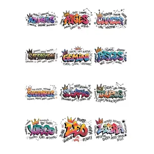 RW-1pcs Hip-Hop Graffiti Style Sticker 12 Zodiac Font , American Fashion Gradient Design, Waterproof Durable Cuttable, Ideal for Mugs and Canvas Bags decorate