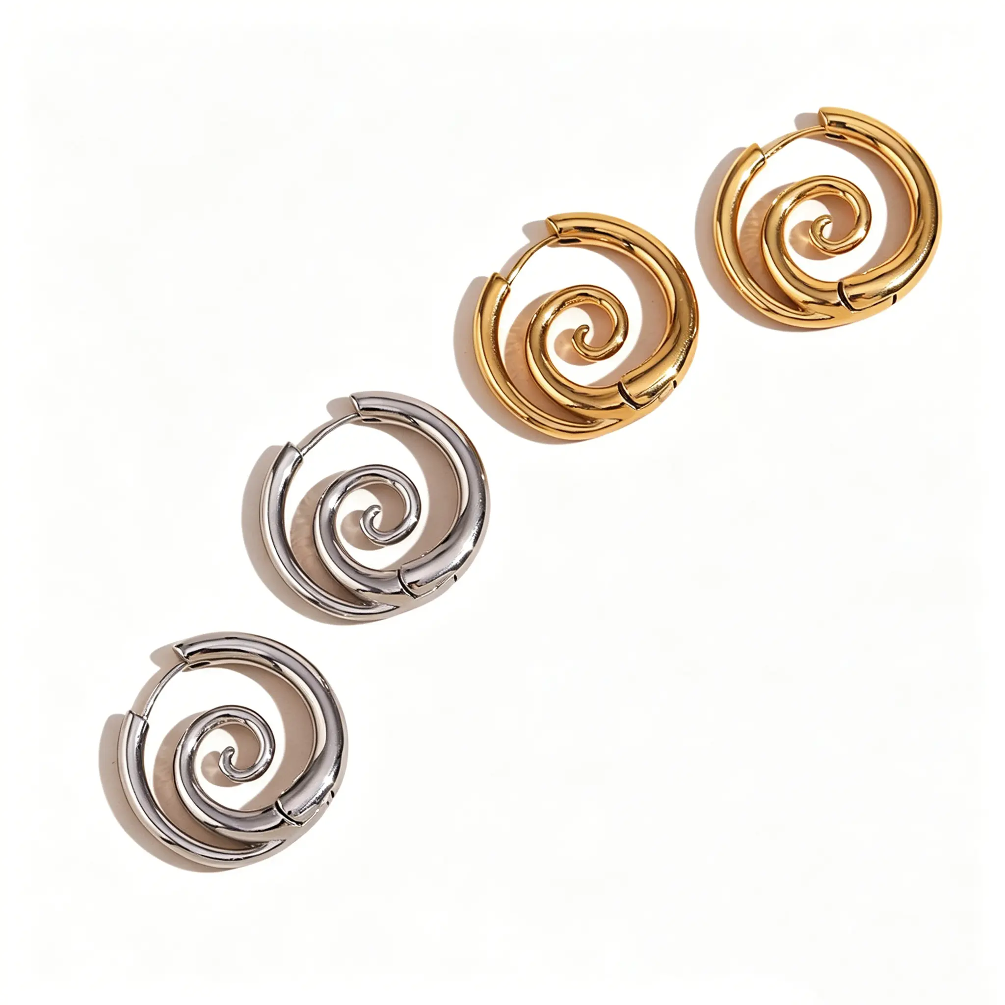 Oufer 2PCS Pair Faux Stretched Spiral Clicker Earrings 316L Stainless Steel Gold & Silver Color Fashion Jewelry Accessories