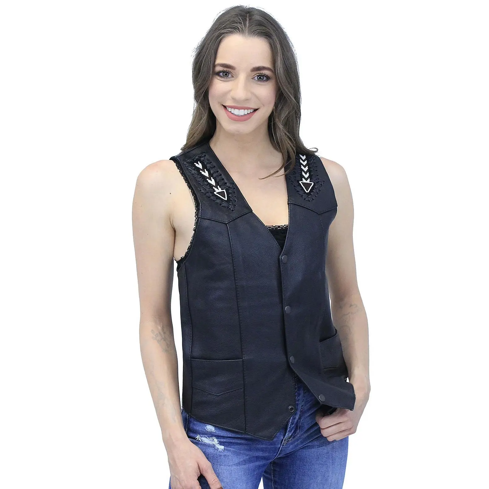Hand Lace and Indian Bead Inlay Leather Vest #VM641BDK ()