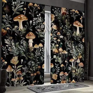 Mushroom Curtain Set, Half-Blackout Farmhouse Wild Floral Plant Curtains, Suitable for Living Room and Bedroom, Natural Theme Decor