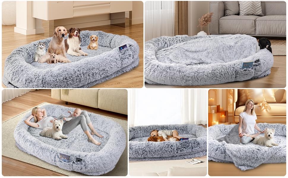 Human Dog Bed, Dog Bed Fits You & Pets, Adult and Pet Washable Giant People DogBed 10 CM Thick Memory Foam Large Oversize Dog Bed with Plump Pillow, Blanket, Strap - GreyWashable Faux Fur,Orthopedic, Plump Pillow, Blanket, Strap
