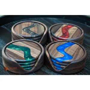 Epoxy River Coasters With Holder - Large Round Coasters - Blue, Green, Red, Bronze - Walnut Wood
