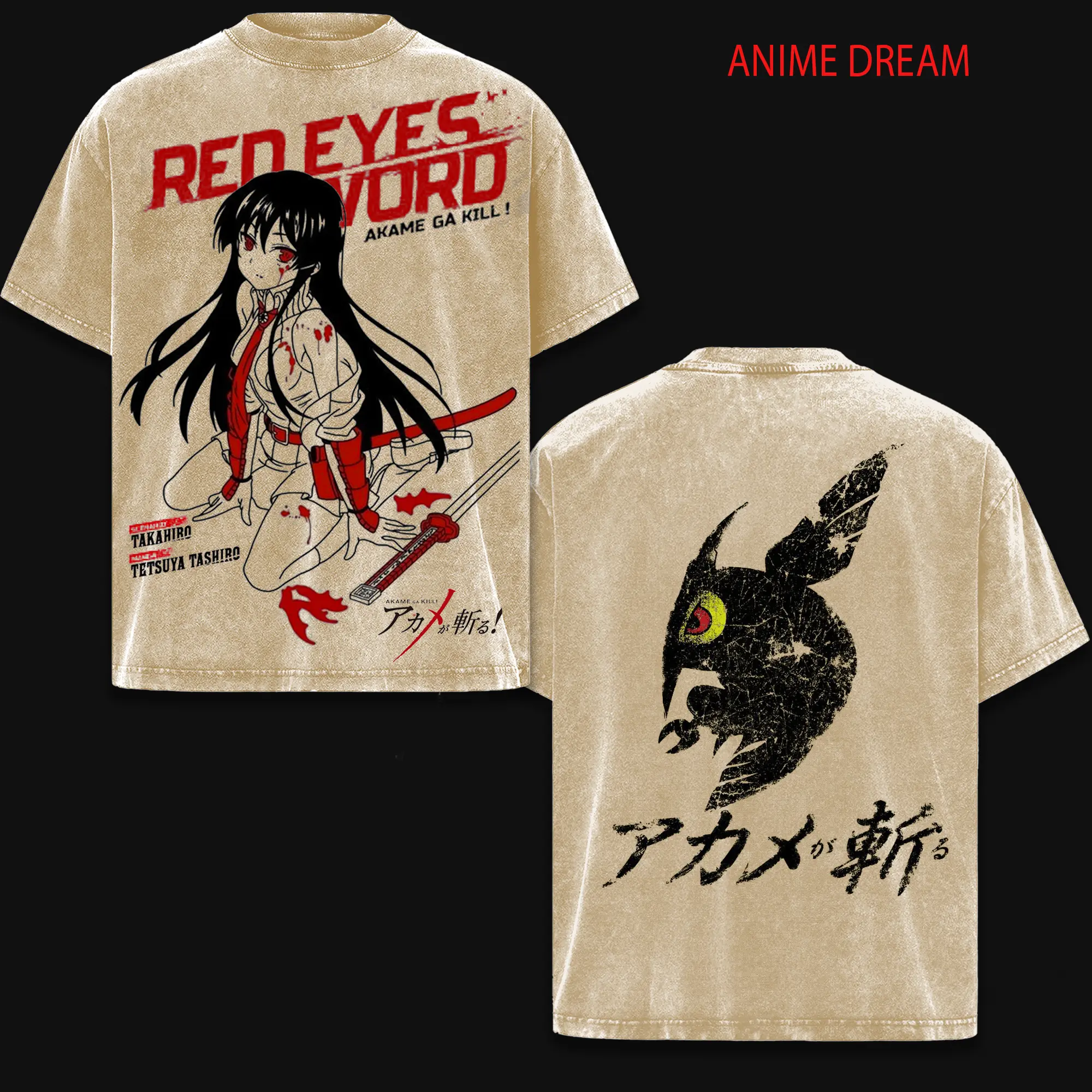 Akame ga kill Anime Double Printed Vintage Washed Tee Unisex Oversize Anime Manga Washed Heavyweight Cotton T-shirt