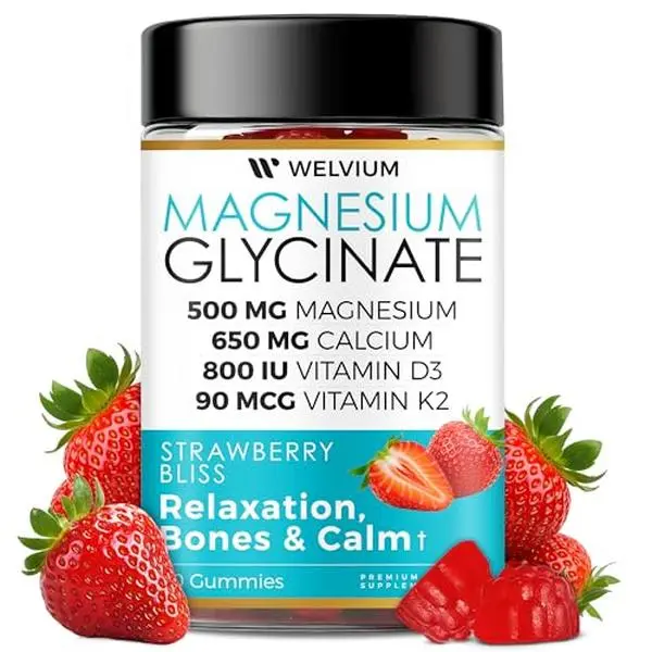 WELVIUM Magnesium Glycinate Gummies – 500mg with L-Theanine & Ashwagandha for Sleep, Calm, Muscle, Immune & Bone Support Healthcare Zinc Calcium Fitness Supplement Dietary Vitamin Edible Mineral Strawberry Relaxation