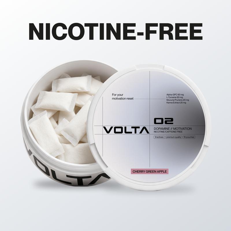 Volta 02 Dopamine & Motivation Nootropic Pouches – Cherry Green Apple - Non-Nicotine, Caffeine 70mg + Dynamine – Clean Energy & Sharp Focus in 5 Minutes – 20 Pouches per Can