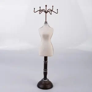 Handmade Mannequin Necklace Holder Rotating Jewelry Stand Organizer Wooden Vanity Display with 6 Hooks Boho Linen Dorm Decor Vintage Jewelry Tower Gifts for Women Home Organizer Decoration