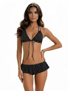 Women's Colorblock Polka Dot Halter Bikini Set, Swimsuit Set, Summer Sexy Vintage Fashion, Perfect for Beach Vacation Pool Party, Bathing Suits