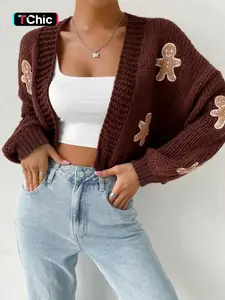 Women's Cartoon Print Drop Shoulder Cardigan, Casual Long Sleeve Open Front Knitwear for Fall, Valentine's Day Gift for Girl, Women's Knit Clothing for Daily Wear