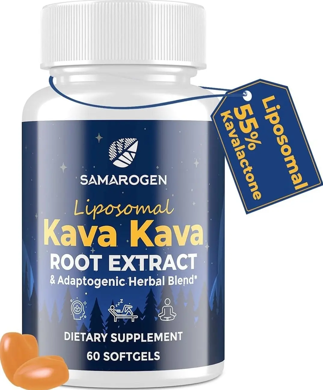 Kava Kava Capsules Root Extract Supplement Liposomal 55% Kavalactones with Ashwagandha Chamomile Lemon Balm Passionflower for Relax & Good Sleep (60 Softgels)