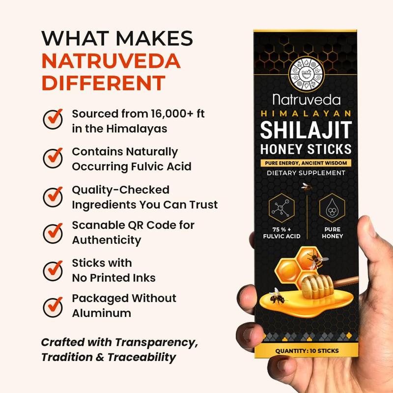 Natruveda, Himalayan Shilajit Honey Sticks for Men & Women - 75%+ Fulvic Acid & Trace Minerals - Raw Honey, Saffron & Himalayan Shilajit Resin - Stamina, Performance & Energy Support (10 Sticks, Shilajit Honey Sticks - Natural)