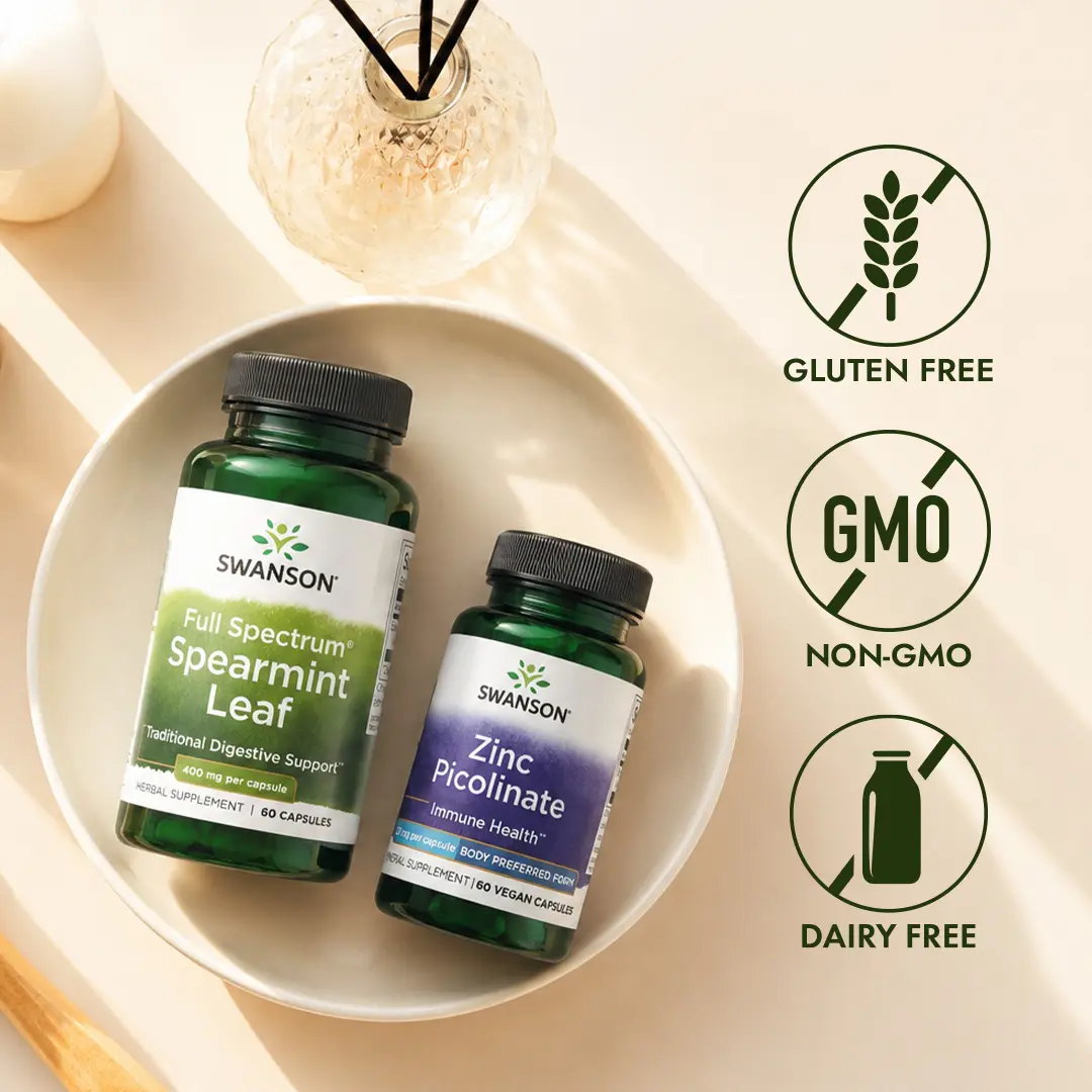 Swanson Zinc Picolinate & Spearmint Leaf Bundle – Clear Skin & Antioxidant Support – Immune Health, Vegan, Non-GMO – 60 Capsules Each (2 Month Supply)