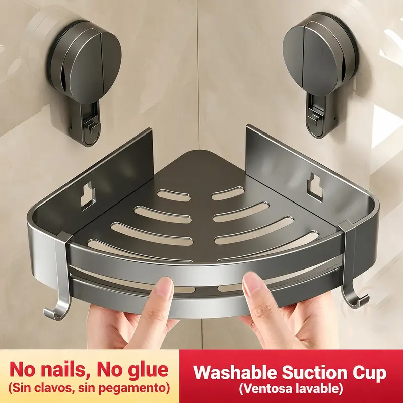 ESMIBEN Aluminium Bathroom Caddy Set - Lightweight Modern Adjustable Shelved Organizer, 1-Touch Suction Cup Mount & Setup, Drainage Hooks, Rustproof Waterproof, Wear-Resistant Basket for Smooth Shower Walls