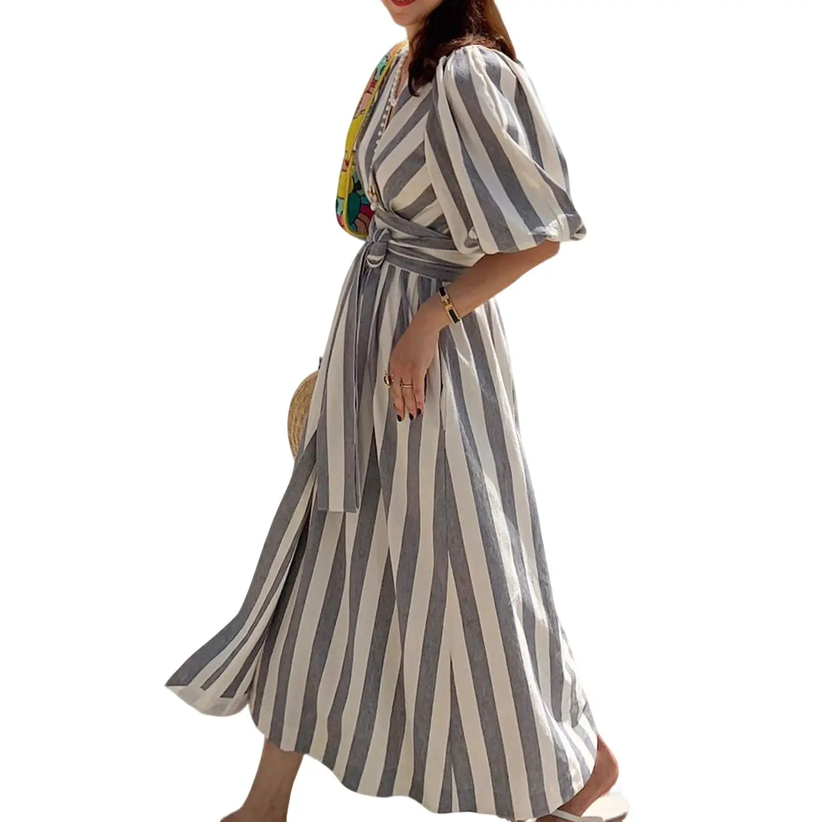 CHARTOU Women's Striped Maxi Dress, Breathable Cotton Linen Puff Sleeve Casual Teacher Dress with Pockets, Retro, High Waist, Casual Dresses, V Neck