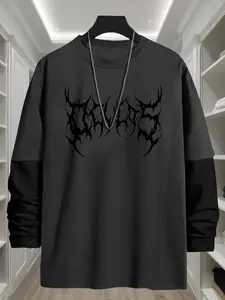 Men's Gothic Letter Print Graphic Round Neck Long Sleeve Tee, Casual Fashion Loose Crew Neck T-shirt for Daily Holiday Outdoor Wear, Men Clothes for All Seasons, Hoodie, Pullover