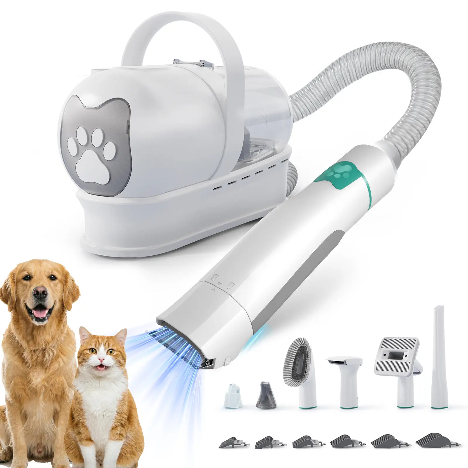 7-in-1 Pet Vacuum Grooming Kit for Cats & Dogs, Vacuum Shedding Brush, Hair Clipper, Paw Trimmer, Nail Grinder, 3 Suction Modes, 6 Limit Combs