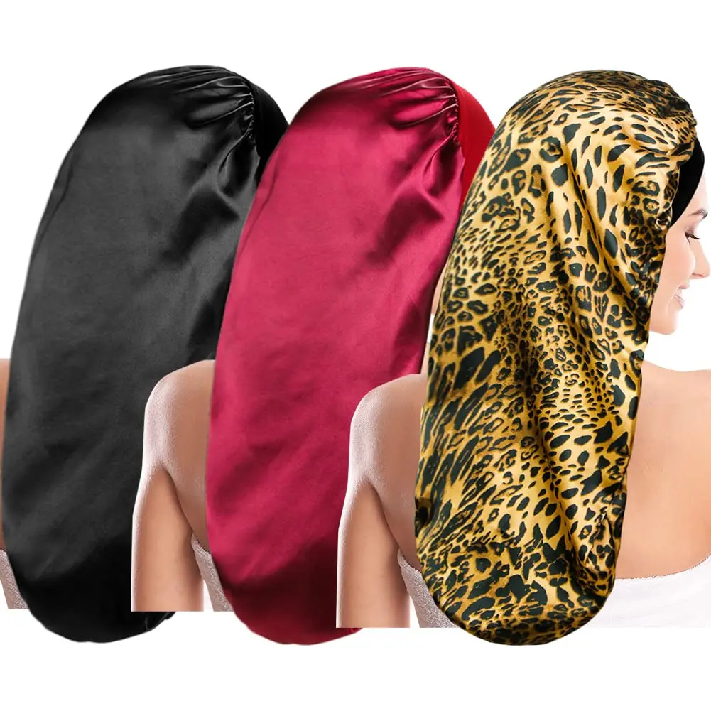 3 count Long Satin Sleep Bonnet for Hair Care, Women Hair Bonnets Silky Braids Sleeping Caps Night Cap for Curly Hair