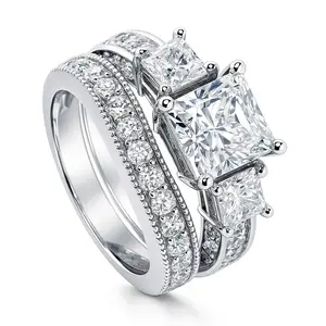 BERRICLE Sterling Silver 3-Stone Wedding Engagement Rings Statement Stackable Band for Women, 2 Carat Princess Cut Cubic Zirconia CZ Ring Set