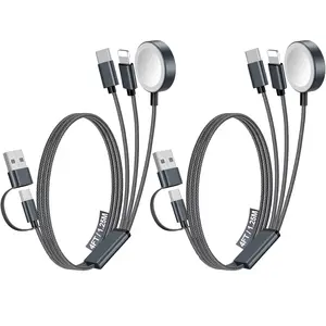 2-Pack Multi Charging Cable Cord for Travel Essentials, Apple Watch Charger, iPhone Charger, [3-in-2] Type C/Lightning Cable, Portable Designed for iWatch, iPhone 17-8, Galaxy S25-21, AirPods, iPad - 4FT, Black