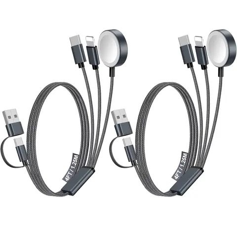 Aluminium Magnetic Multi Charger Cable Cord 2-Pack, 4FT Black Portable Electronic Accessory with 3-in-2 Type C/Lightning Connection for iWatch, iPhone 17-8, Galaxy S25-21, AirPods, iPad (Travel Essential)