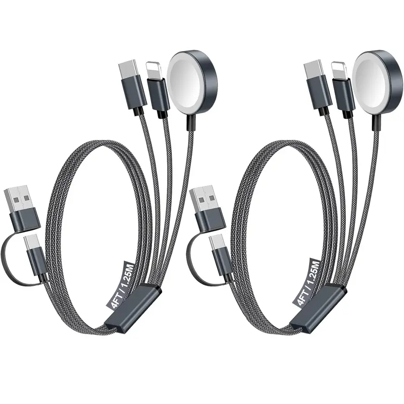 Aluminium Magnetic Multi Charger Cable Cord 2-Pack, 4FT Black Portable Electronic Accessory with 3-in-2 Type C/Lightning Connection for iWatch, iPhone 17-8, Galaxy S25-21, AirPods, iPad (Travel Essential)