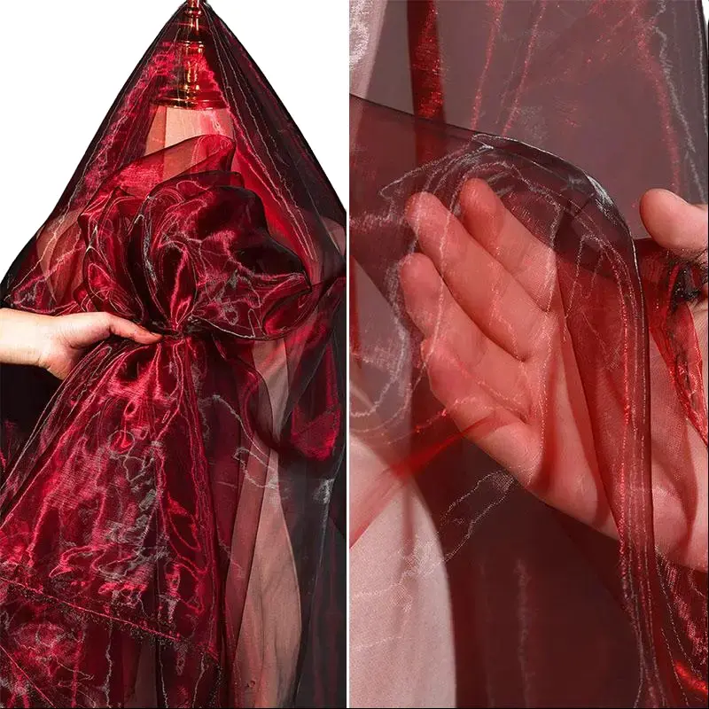 Wine Red Shimmering Sheer Mesh Fabric - 1 piece, lightweight, breathable, all seasons, ideal for DIY crafts, clothing supplies