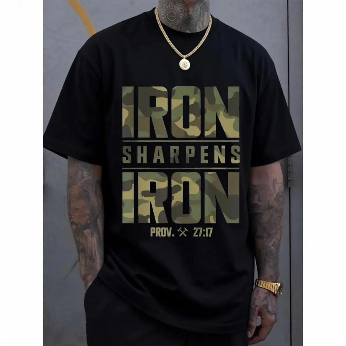 CMBT Men's Oversized 100% Cotton Graphic T-Shirt - "IRON SHARPENS IRON" & Proverbs 27:17 Bible Verse Design, Geometric Print Casual Streetwear Tee, Breathable Summer Top, Machine Washable, Summer Fashion | Camouflage Pattern | Durable Fabric