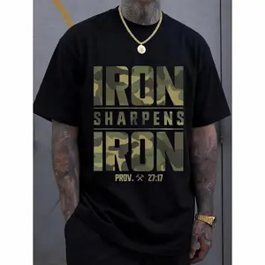 CMBT Men's Oversized 100% Cotton Graphic T-Shirt - "IRON SHARPENS IRON" & Proverbs 27:17 Bible Verse Design, Geometric Print Casual Streetwear Tee, Breathable Summer Top, Machine Washable, Summer Fashion | Camouflage Pattern | Durable Fabric
