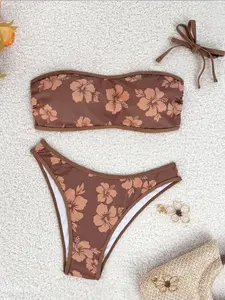 Women's Retro Tropical Floral Print High-Waisted Bikini Set, Quick-Dry Swimsuit for Pool Beach Vacation, Stylish Swimwear for Women, Floral Swimsuits, Floral Print Bikinis, Summer Swimsuit Set