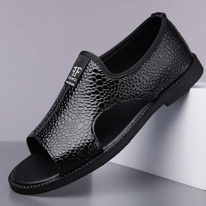 DINAOR Men's Casual PU Leather Toe Sandals, Comfortable Outdoor Summer Slides with Non-Slip Rubber Sole, Toe Loop Sandals