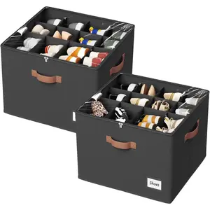 Shoe Organizer for Closet, 2 Pack Fabric Shoe Organizer Storage Box, Shoe Storage Containers with Clear Cover, Closet Shoe Storage for Boots Sandals Slippers,Fits 16-32 Pairs, Black