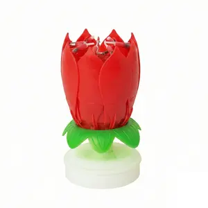 Birthday candle, flower design, plays music, automatically blooms, cake candle for birthday parties and weddings, red